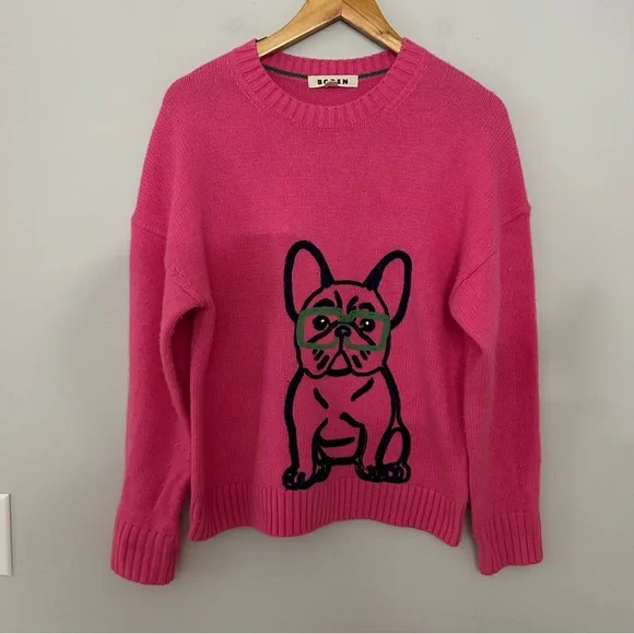 Boden Natalie Embroidered Sweater Party Pink French Bulldog - Picture 2 of 5